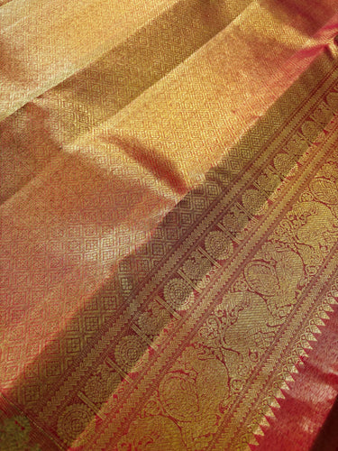 ShopNaya Exclusive | Metallic Brocade Kanchipuram Pure Silk Saree | Red | Pure Gold Zari | Handwoven | Ships from California
